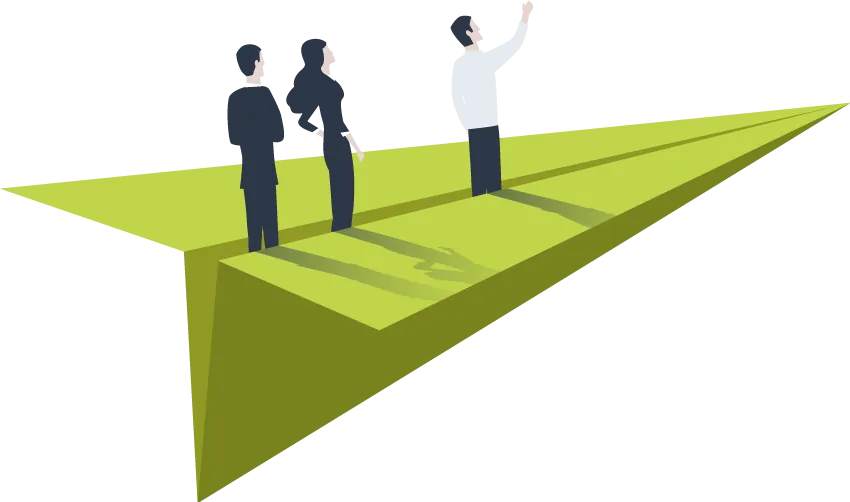 BusinessAdviceTransparent_Hemdblau.png Illustration: Team auf Papierflieger unterwegs – betriebswirtschaftliche Beratung bei IStB