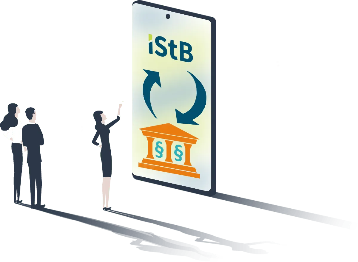 IStBMobile-V2q.png Illustration eines Smartphones mit IStB-Logo und Paragrafen-Symbol – digitale Lohnbuchhaltung