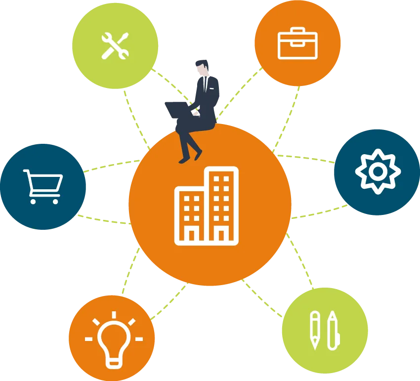 IndustriesTransparent_building.png Illustration eines Gebäudes mit Branchensymbolen – Steuerberatung für die Immobilienbranche