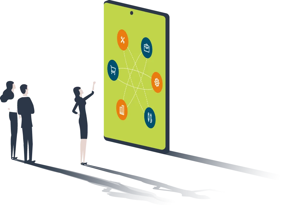 ServicesTransparent_goe_content.png Illustration: Smartphone mit Leistungsübersicht – Kompetenzen und Services von IStB